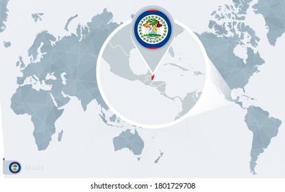 Pacific Centered World map with magnified Belize. Flag and map of Belize on Asia in Center World Map.
