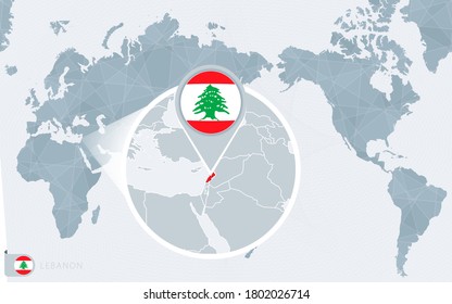 Pacific Centered World map with magnified Lebanon. Flag and map of Lebanon on Asia in Center World Map.