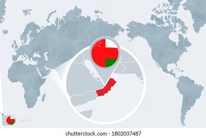 Pacific Centered World map with magnified Oman. Flag and map of Oman on Asia in Center World Map.