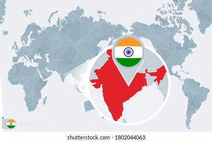 Mapa del Mundo del Pacífico con la India ampliada. Bandera y mapa de India en Asia en el Mapa Mundial del Centro.