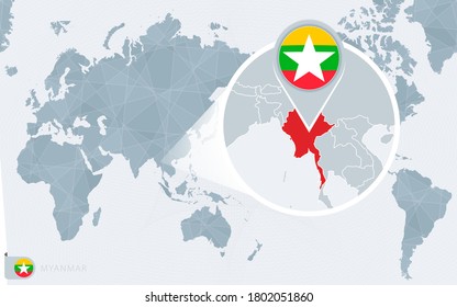 Mapa del Mundo del Pacífico con la Myanmar ampliada. Bandera y mapa de Myanmar en Asia en el Mapa Mundial del Centro.