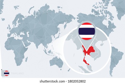 Pazifische Weltkarte mit vergrößerter Thailand. Flagge und Karte von Thailand auf Asien in Center World Map.