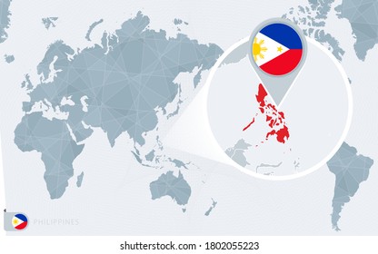 拡大されたフィリピンの太平洋中央世界地図 中央の世界地図で アジアのフィリピンの国旗と地図 のベクター画像素材 ロイヤリティフリー