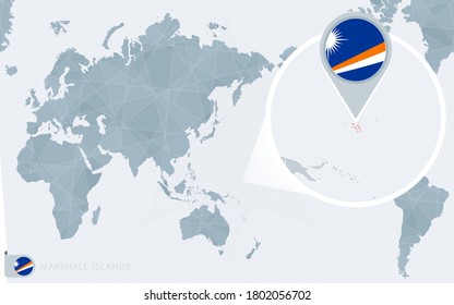 Pacific Centered World map with magnified Marshall Islands. Flag and map of Marshall Islands on Asia in Center World Map.