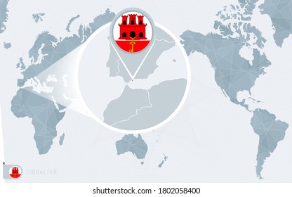 Pacific Centered World map with magnified Gibraltar. Flag and map of Gibraltar on Asia in Center World Map.