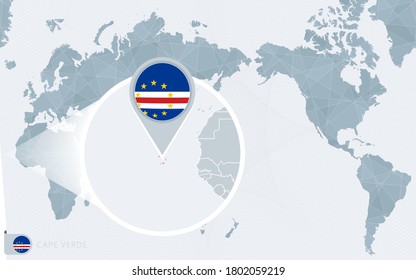 Pacific Centered World map with magnified Cape Verde. Flag and map of Cape Verde on Asia in Center World Map.