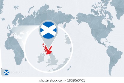 Pacific Centered World map with magnified Scotland. Flag and map of Scotland on Asia in Center World Map.