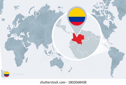 Pacific Centered World map with magnified Colombia. Flag and map of Colombia on Asia in Center World Map.