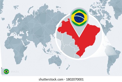 Pacific Centered World map with magnified Brazil. Flag and map of Brazil on Asia in Center World Map.