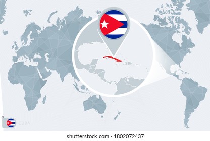 Pacific Centered World map with magnified Cuba. Flag and map of Cuba on Asia in Center World Map.