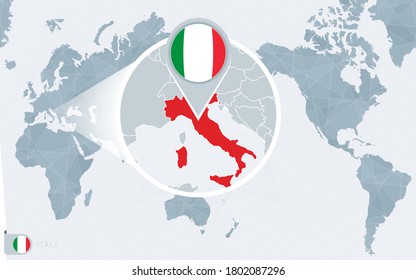 Pacific Centered World map with magnified Italy. Flag and map of Italy on Asia in Center World Map.