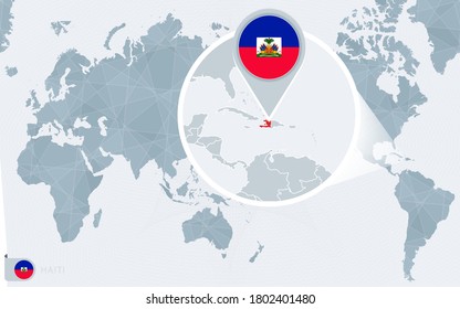 Pacific Centered World map with magnified Haiti. Flag and map of Haiti on Asia in Center World Map.