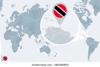 Pacific Centered World Map With Magnified Trinidad And Tobago. Flag And Map Of Trinidad And Tobago On Asia In Center World Map.