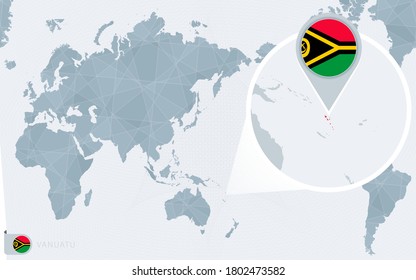 Pacific Centered World map with magnified Vanuatu. Flag and map of Vanuatu on Asia in Center World Map.