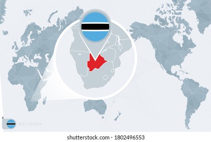 Mapa del Mundo del Pacífico con la Botswana ampliada. Bandera y mapa de Botsuana en Asia en el Mapa Mundial del Centro.