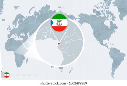 Pacific Centered World map with magnified Equatorial Guinea. Flag and map of Equatorial Guinea on Asia in Center World Map.