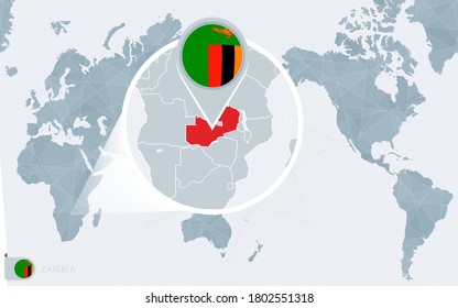 Pacific Centered World map with magnified Zambia. Flag and map of Zambia on Asia in Center World Map.