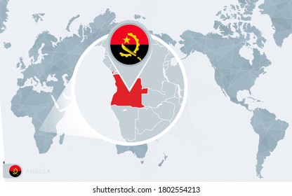Pacific Centered World map with magnified Angola. Flag and map of Angola on Asia in Center World Map.