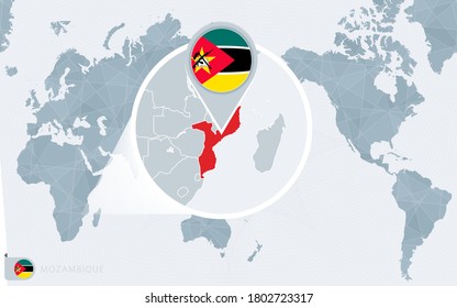 Pacific Centered World map with magnified Mozambique. Flag and map of Mozambique on Asia in Center World Map.