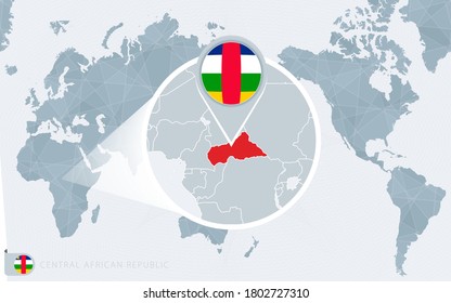 Mapa del Mundo del Pacífico con la República Centroafricana ampliada. Bandera y mapa de la República Centroafricana en Asia en el Mapa Mundial del Centro.