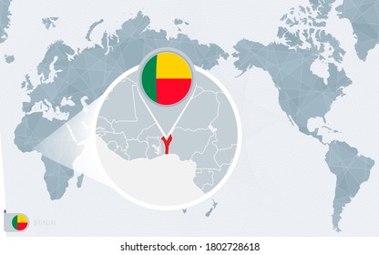 Pacific Centered World map with magnified Benin. Flag and map of Benin on Asia in Center World Map.