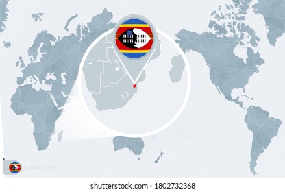 Mapa del Mundo Pacífico con la Swazilandia ampliada. Bandera y mapa de Suazilandia sobre Asia en el Mapa Mundial del Centro.
