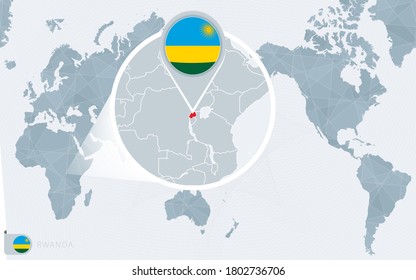 Pacific Centered World map with magnified Rwanda. Flag and map of Rwanda on Asia in Center World Map.