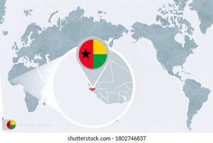 Mapa del Mundo del Pacífico con Guinea-Bissau ampliada. Bandera y mapa de Guinea-Bissau en Asia en el Mapa Mundial del Centro.