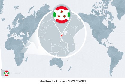 Pacific Centered World map with magnified Burundi. Flag and map of Burundi on Asia in Center World Map.