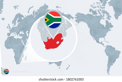 Pacific Centered World map with magnified South Africa. Flag and map of South Africa on Asia in Center World Map.