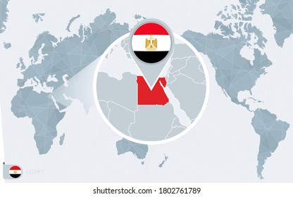 Pacific Centered World map with magnified Egypt. Flag and map of Egypt on Asia in Center World Map.