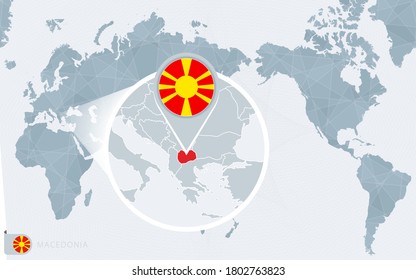 Pacific Centered World map with magnified Macedonia. Flag and map of Macedonia on Asia in Center World Map.