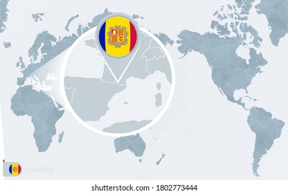Pacific Centered World map with magnified Andorra. Flag and map of Andorra on Asia in Center World Map.