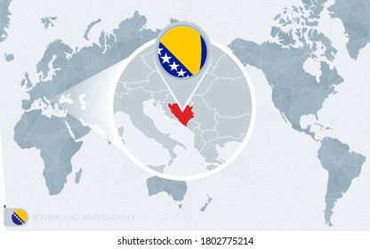 Pacific Centered World map with magnified Bosnia and Herzegovina. Flag and map of Bosnia and Herzegovina on Asia in Center World Map.