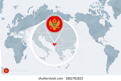 Pacific Centered World map with magnified Montenegro. Flag and map of Montenegro on Asia in Center World Map.
