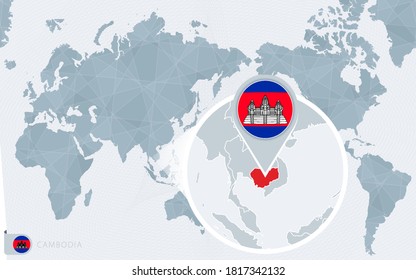 Pacific Centered World map with magnified Cambodia. Flag and map of Cambodia on Asia in Center World Map.
