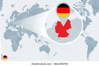 Pacific Centered World map with magnified Germany. Flag and map of Germany on Asia in Center World Map.