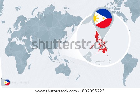 Pacific Centered World map with magnified Philippines. Flag and map of Philippines on Asia in Center World Map.