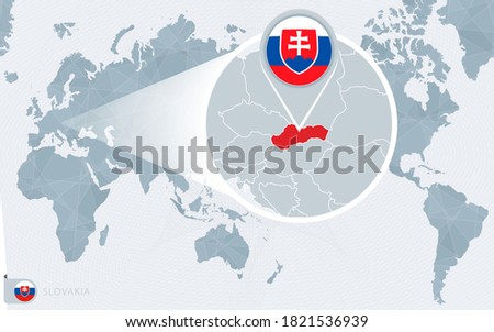 Pacific Centered World map with magnified Slovakia. Flag and map of Slovakia on Asia in Center World Map.
