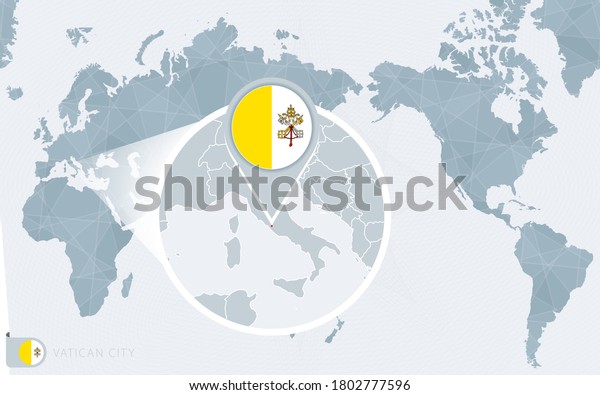 Pacific Centered World map with magnified Vatican City. Flag and map of Vatican City on Asia in Center World Map.