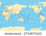 Pacific centered world map. Political map in cylindrical projection, placing the Pacific Ocean at the center, showcasing Asia, Oceania, and the Americas around it, emphasizing the Pacific Rim. Vector