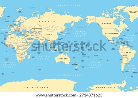 Pacific centered world map. Political map in cylindrical projection, placing the Pacific Ocean at the center, showcasing Asia, Oceania, and the Americas around it, emphasizing the Pacific Rim. Vector
