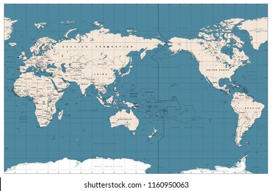 Pacific Centered World Map Vintage Color. Countries and capitals, cities, borders and water objects, state outline. Detailed World Map vector illustration.