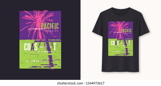 Pacific coast surfboarding stylish graphic tee vector design, print. 