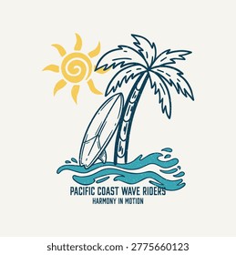 Pacific Coast Wave Riders Surf Badge T-Shirt Design with Palm Trees and Surfboards