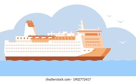 Cruceros por el Pacífico. Un barco con cubierta blanca en el mar. Ferry al mar. El concepto de un viaje de ida y vuelta al mundo, de un viaje en barco, de un crucero. Vector