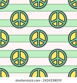 Pacific hippie vector seamless pattern. Green and yellow signs with black outline on striped background.