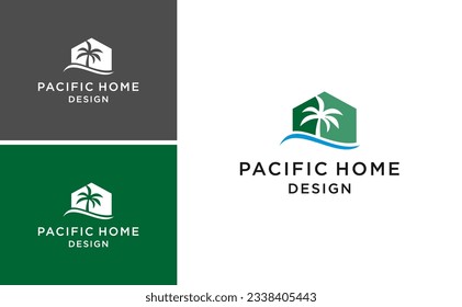 Diseño del logotipo de la ola residencial del Pacífico. Plantilla De Vector De Palm Tropical Y Agua