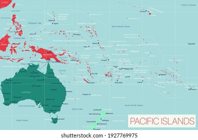 Pacific Island detailed editable map with cities and towns, geographic sites. Vector EPS-10 file