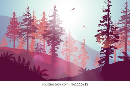 Pacific Northwest forest scenery in purple colour palette.